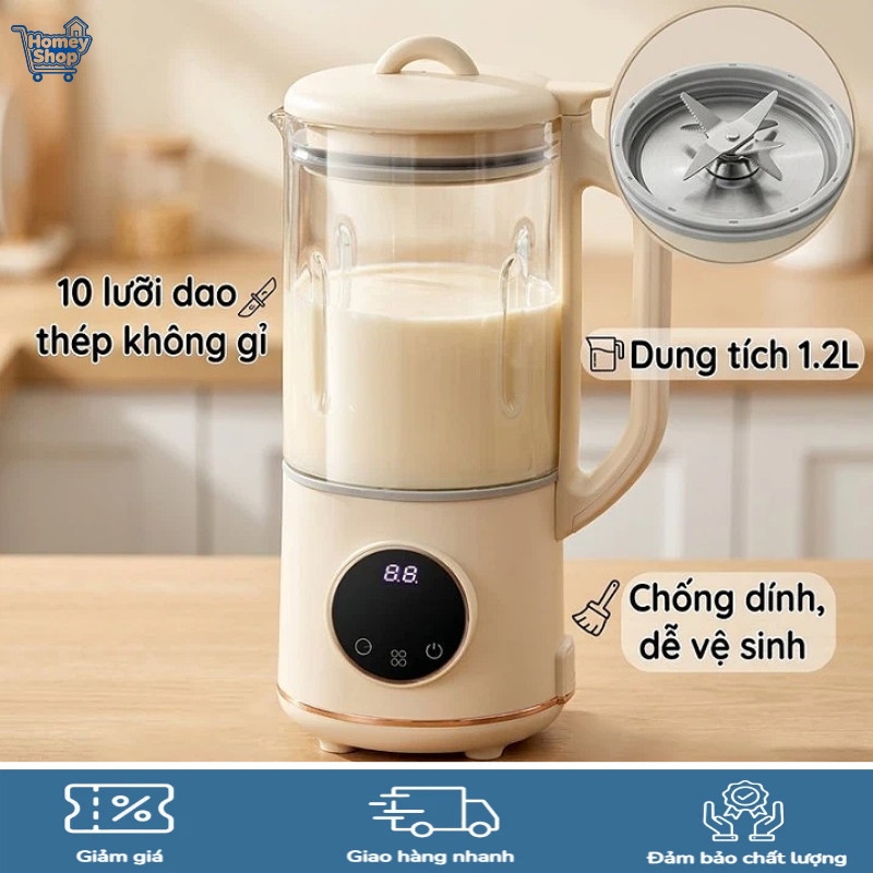 HomeyShop-Máy làm sữa đậu nành,10 lưỡi dao,1200ml,Dễ dàng vệ sinh,nấu thông minh, sữa hạt, cháo, súp