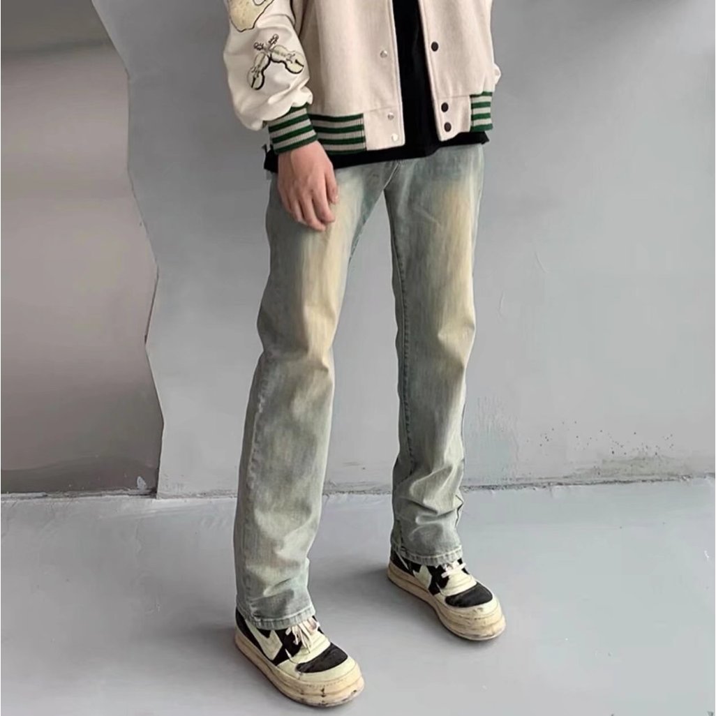 FOG Jeans High Street Nam Vàng Bùn Nhuộm Denim Công Nghiệp Nặng Rửa Đau Khổ Quần Thẳng vibe Quốc Gia