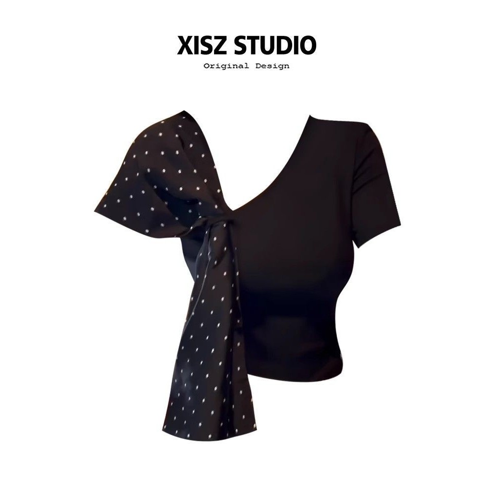 Hot Girl Style Polka Dot Ribbon Cổ chéo Áo thun ngắn tay thời trang nữ sang trọng Slim-Fit Slim-Fit 