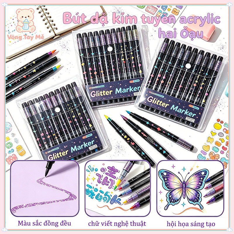 Bút brush acrylic marker, dual tip, 24/48/72/96 màu, vẽ viết tô màu, học sinh văn phòng phẩm