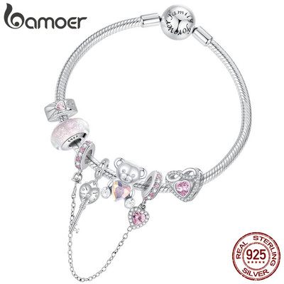 Gấu hồng Bamoer với hạt bạc S925, phù hợp làm vòng tay và là món quà đáng yêu cho nàng