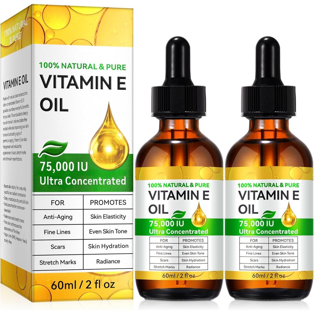 Dầu Vitamin E Cho Da - 75.000 IU | Dầu Vitamin E Hỗ trợ giảm sẹo, vết rạn da, nếp nhăn, 100% tự nhiê