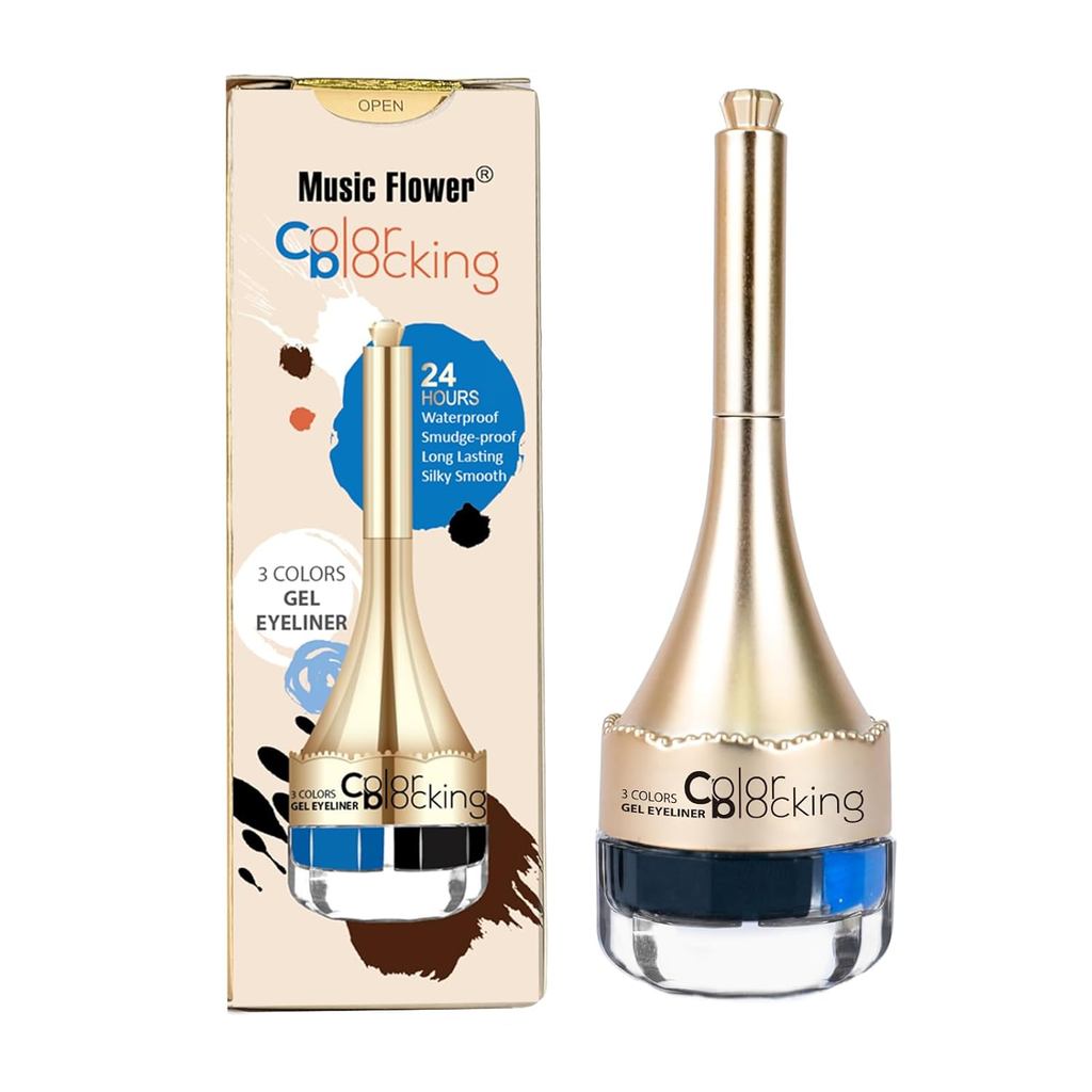 Gel kẻ mắt 3 màu Music Flower, Bộ trang điểm gel kẻ mắt chống thấm nước, chống nhòe lâu trôi với cọ 