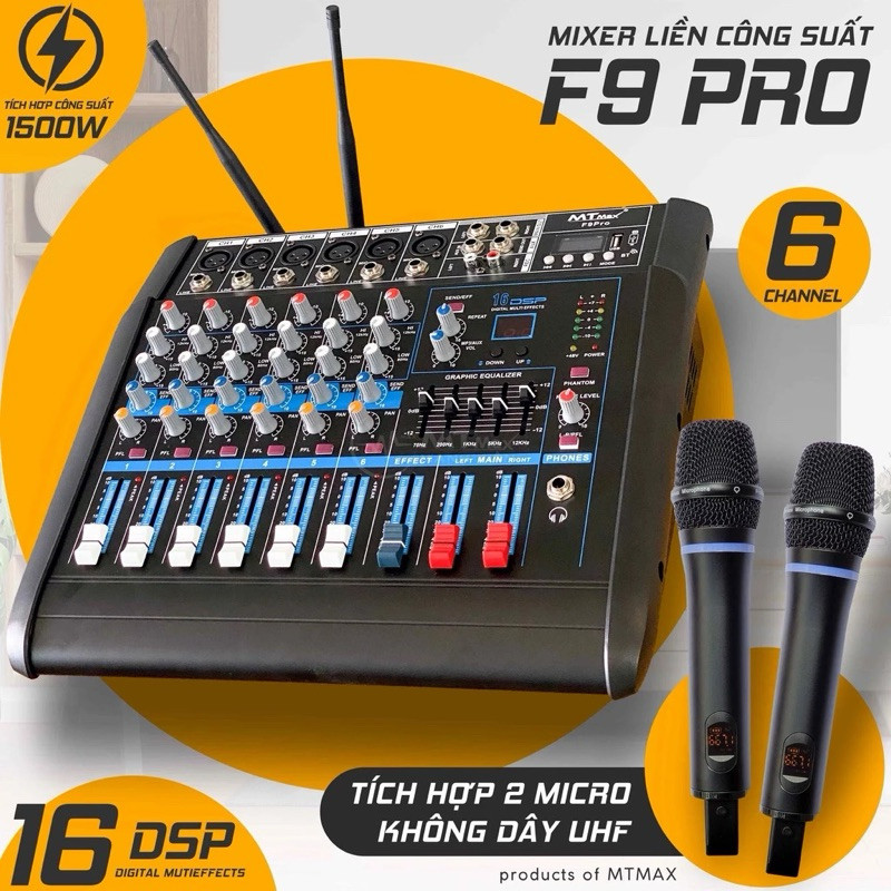 Mixer Bàn Liền Công Suất MTMax F9 PRO - Tặng Kèm 2 Micro UHF Cao Cấp, Hàng Chính Hãng, Bảo Hành 12Th