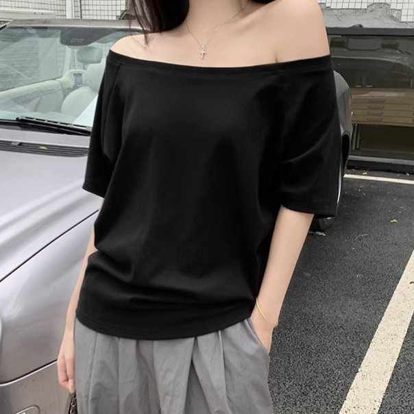 【Ready Stock】 off-Shoulder Shoulder Two-Way Wear Black Strapless Short-Sleeved T-shirt Women's Summe