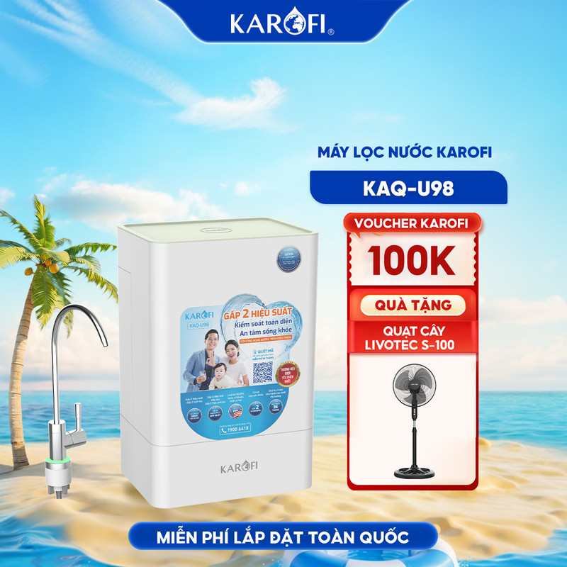 [TẶNG QUẠT CÂY LIVOTEC S-100] Máy lọc nước để gầm 10 lõi KAROFI KAQ-U98 - Lõi Smax, Đèn Led theo dõi