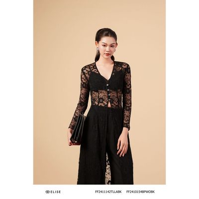 Áo ren hoa đen dài xẻ trước thiết kế Elise FF2411142TLLABK