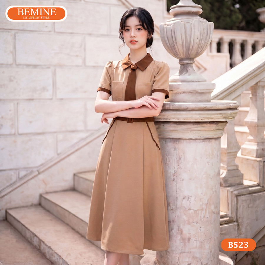 Đầm thiết kế BEMINE cổ đức phối cavat dáng chữ A phù hợp đi làm-B523
