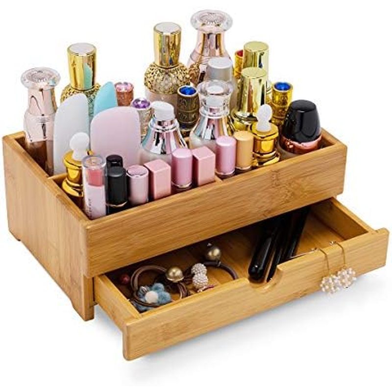 GOBAM Bamboo Makeup Organizer and Storage with Drawer, Wooden Cosmetic Organizer Countertop for Bath