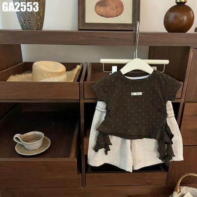 Set Bộ Quần Áo Bé Gái Áo Cộc Tay Bèo Nhún Tà Chéo Phối Quần Ống Rộng Phối Ren MINTSCLOSET GA2553