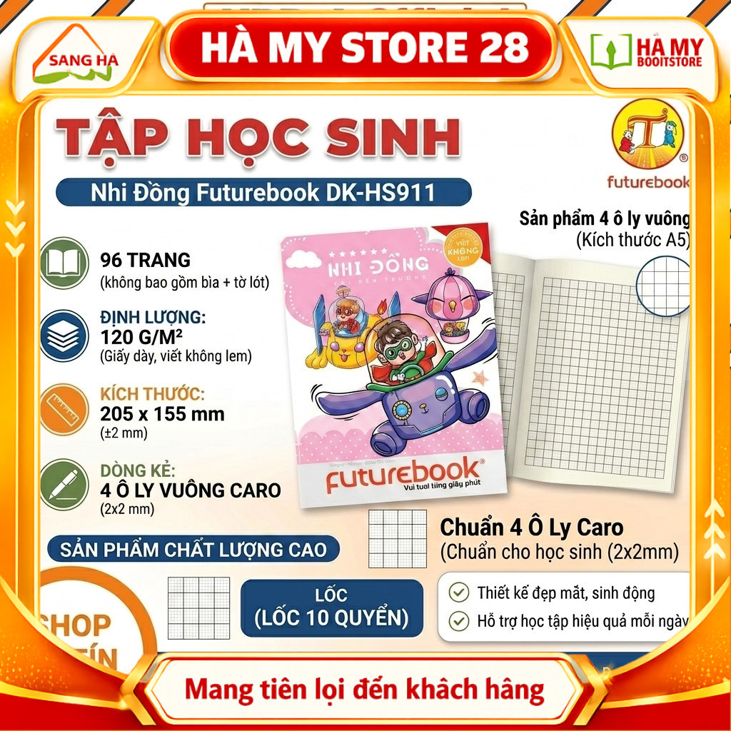(LỐC 10 QUYỂN) TẬP VỞ HỌC SINH FUTUREBOOK NHI ĐỒNG 96 TRANG – VỞ 4 Ô LY, GIẤY DÀY 120GSM (DK-HS911)