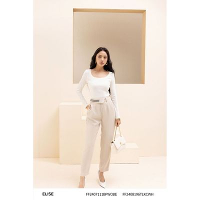 Quần be nhạt cạp lật phối nhung thiết kế Elise FF2407111BPWOBE