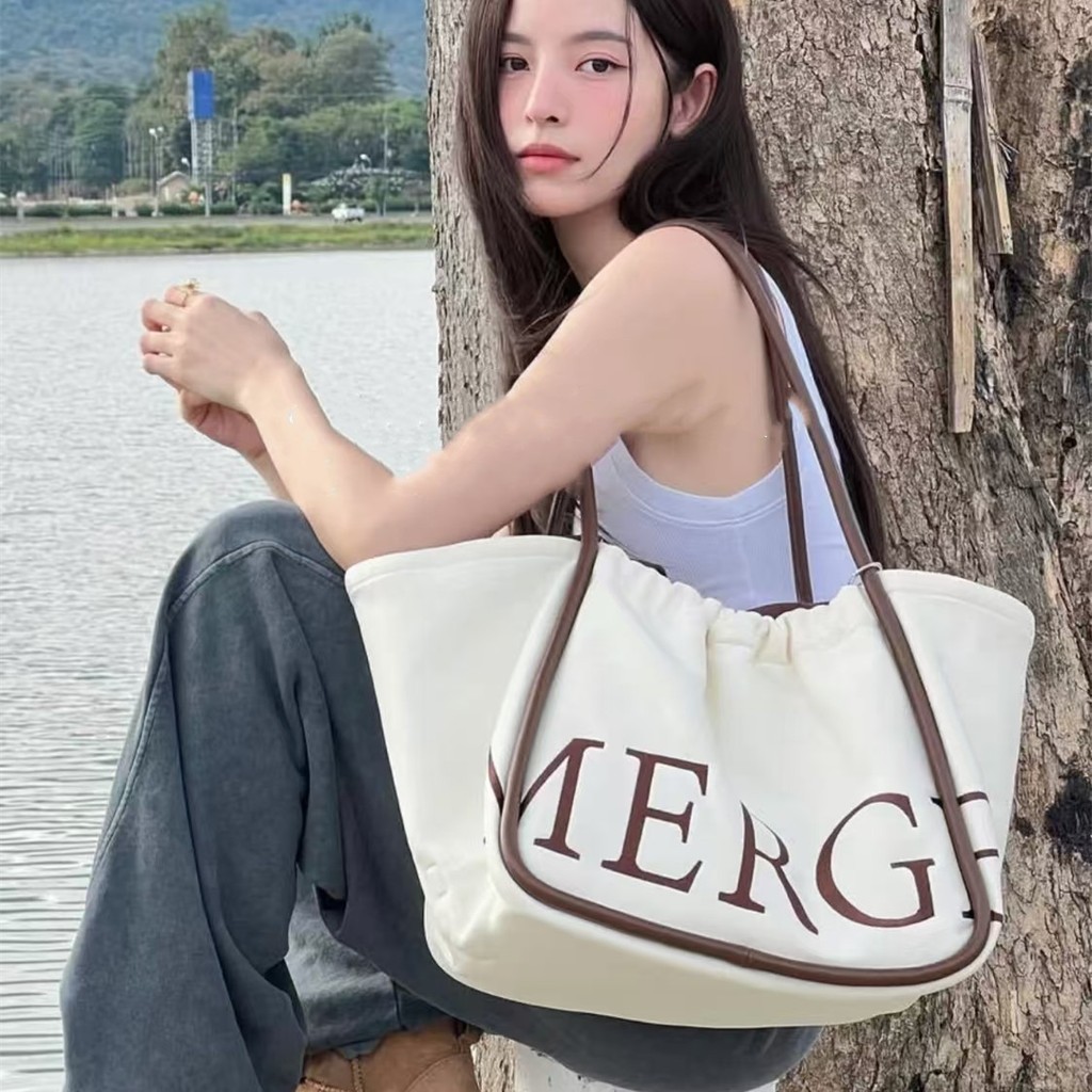 MERGE Mới Vai Vừa Túi Vải Nylon Phong Cách Lười Thời Trang Đơn Giản Màu Dây Rút Túi Đeo Vai Nữ