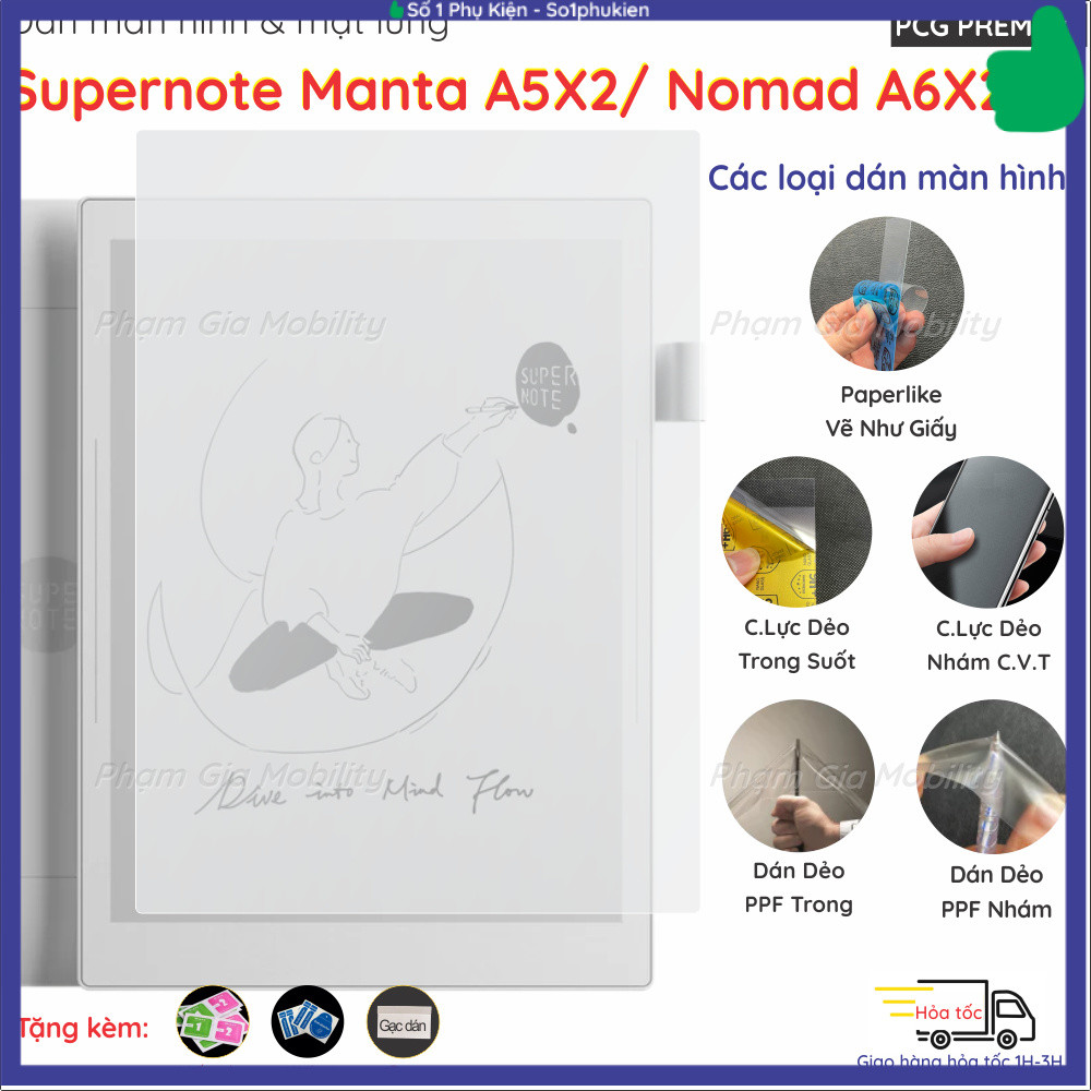Dán màn hình dành cho máy đọc sách, ghi chú Supernote Manta A5X2/ Nomad A6X2 loại PaperLike, PPF, Na