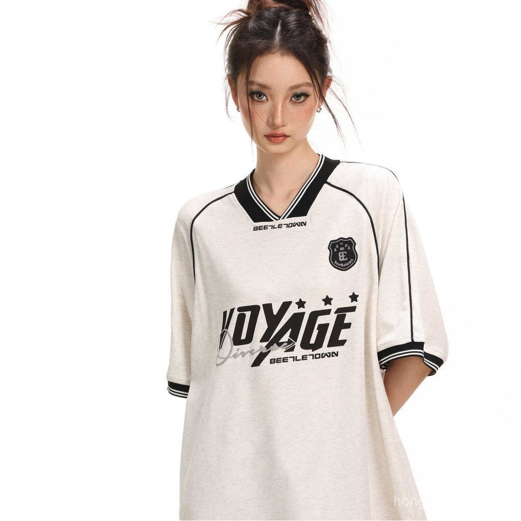 White loose-fitting shirt in American style, five-point length shiyiyue Academy retro style t Men's 