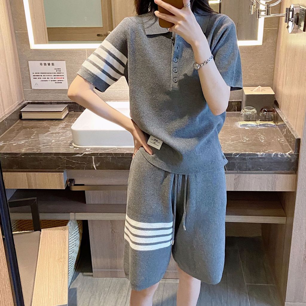 RS4C Thom Browne Women's summer new loose waffle shorts set polo Shirt Short Sleeve T T-shirt Two-Pi