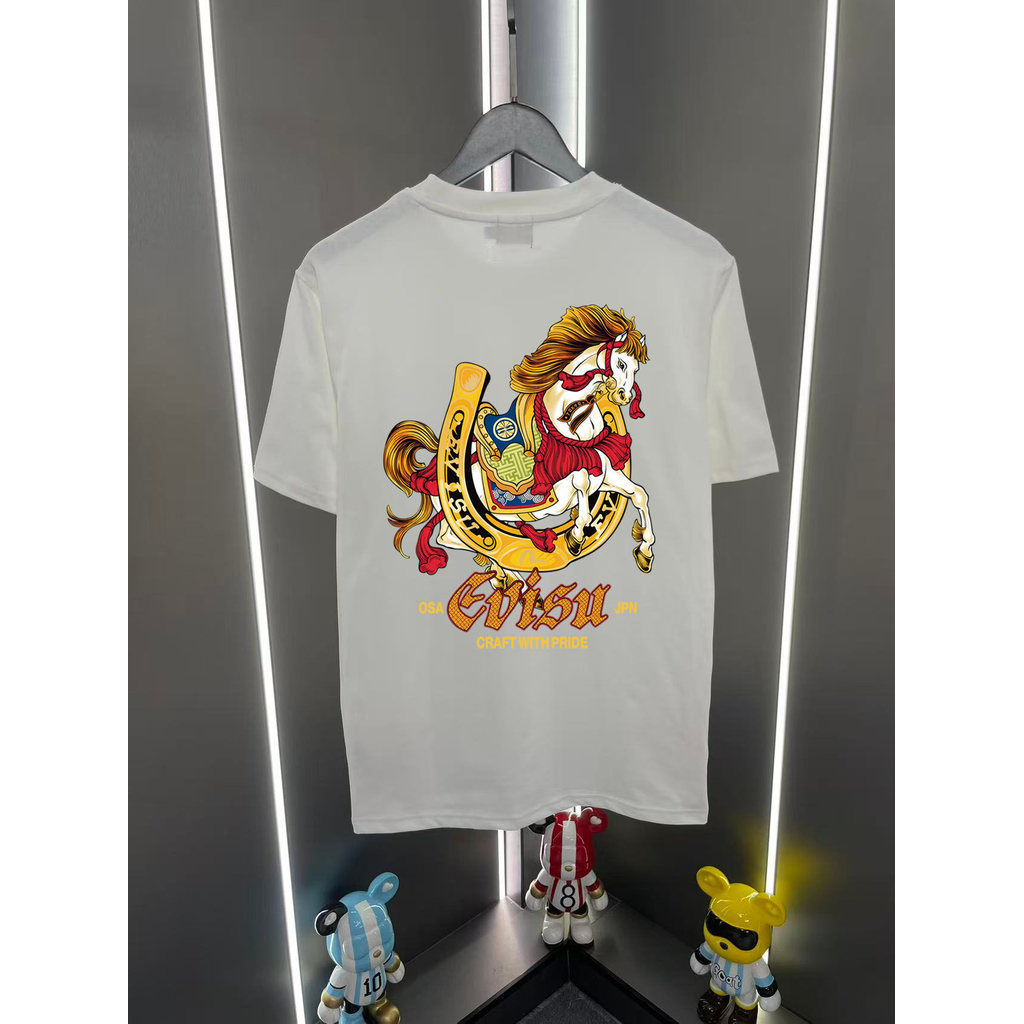 EVISU / Thần Tài 2026 Áo Thun Cổ Tròn Tay Ngắn Cặp Đôi Phong Cách Nam Phong Cách Phương Tây Mới Nặng