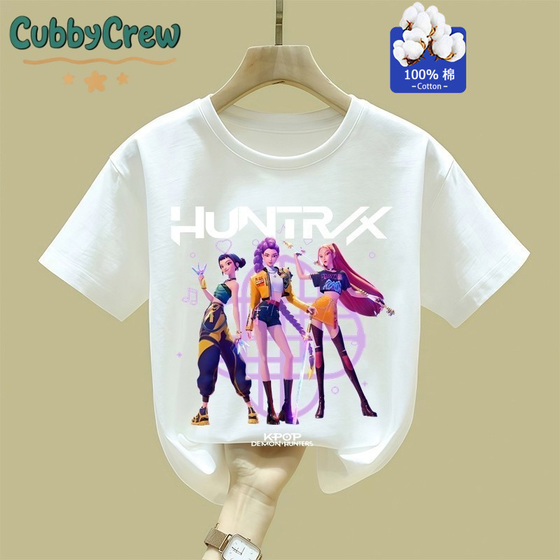 [100% Cotton] Áo thun ngắn tay cho bé gái T Trẻ em hoàn toàn mới mát mẻ Kpop Huntrix Huntrix in hình