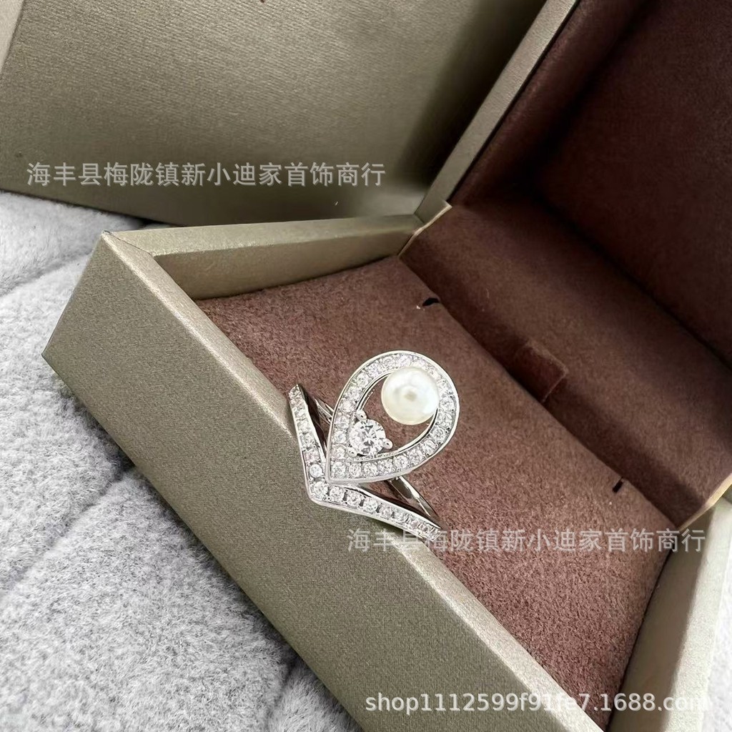 Josephine V Women's letter ring, egret feather crown, pearl and diamond ring, personalized stackable