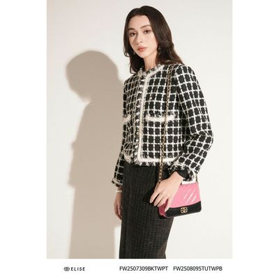Áo khoác tweed đen kẻ trắng tua rua gấu thiết kế Elise FW2508095TUTWPB