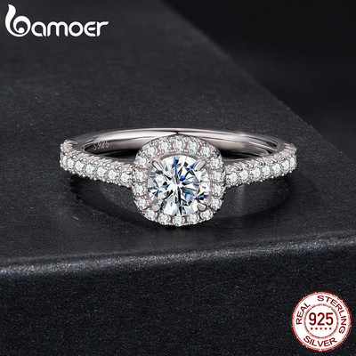 Nhẫn Bạc Bamoer 925 Vuông Halo Moissanite Trang Sức Thời Trang Quà Tặng Cho Nữ