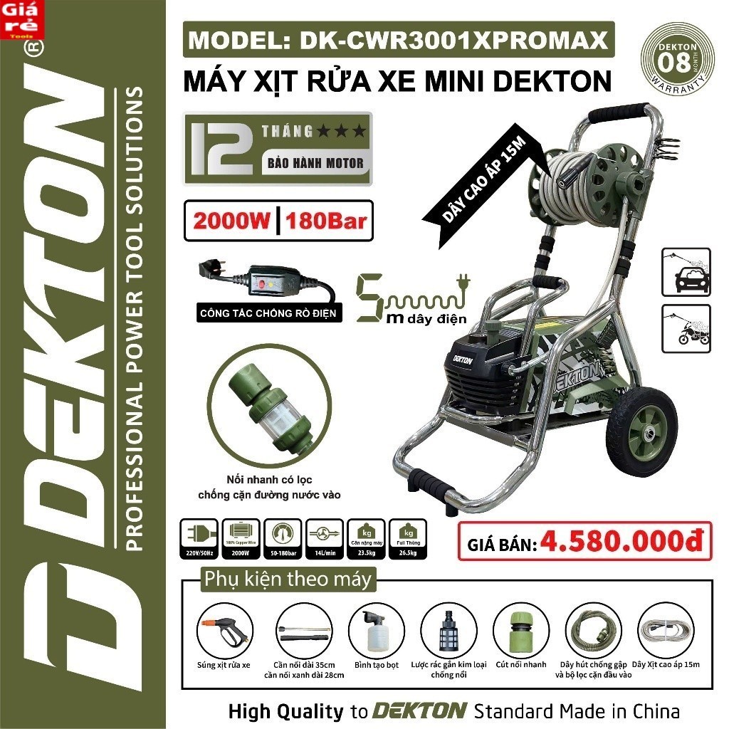 Máy Rửa Xe Dekton DK-CWR3001PROMAX Mẫu mới 2025 / 3000W / Bánh Xe Đẩy Và RULO TOO.LS GIÁ RẺ