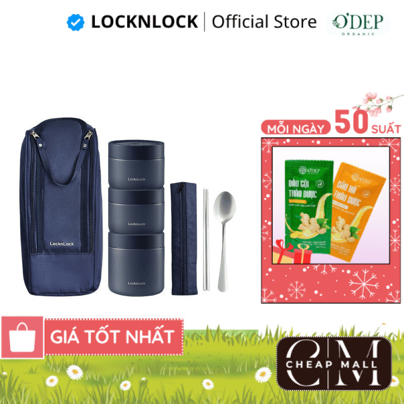 Hộp cơm giữ nhiệt văn phòng 1.1L LocknLock 3 ngăn LHC8052S01, kèm túi và muỗng đũa - CHEAP CMO
