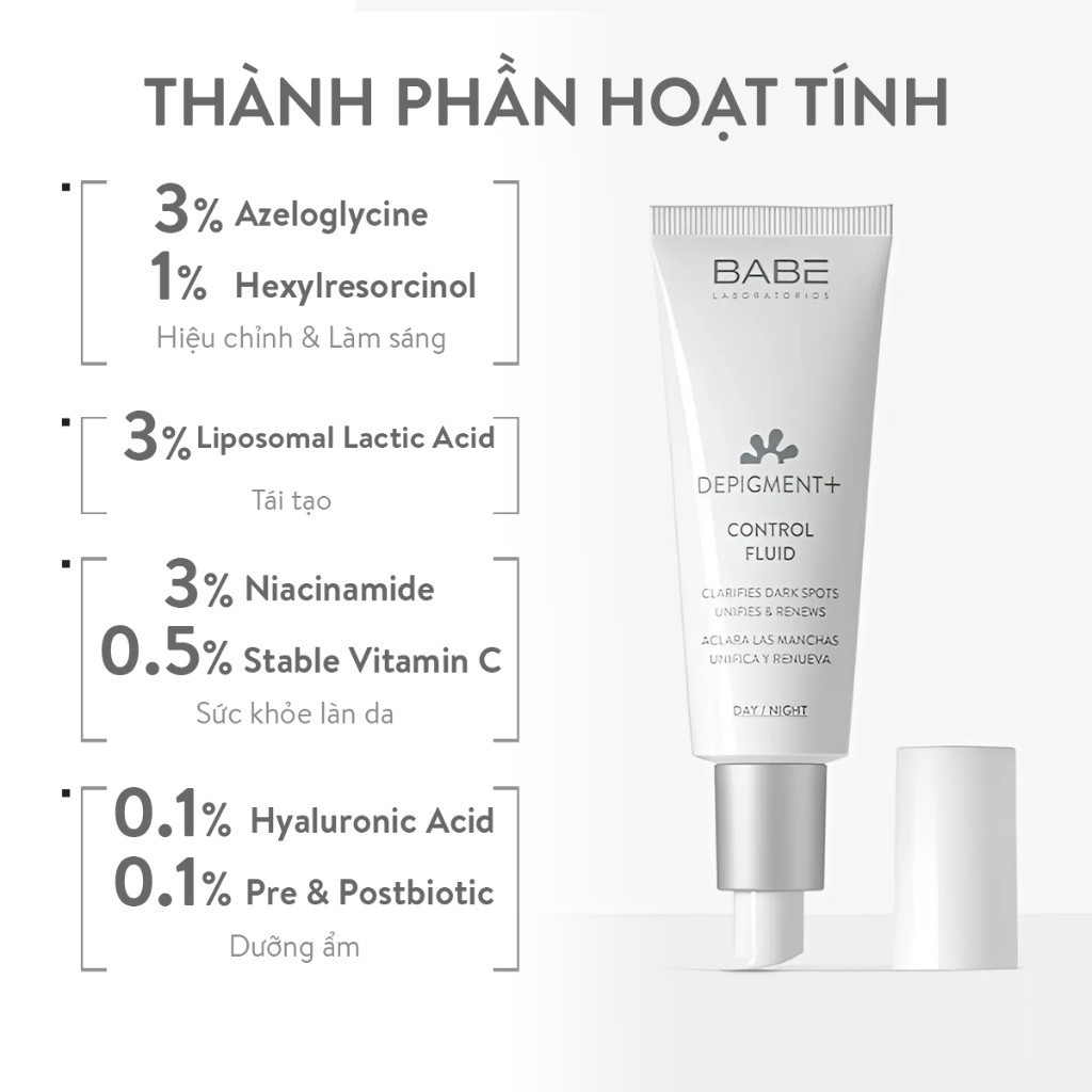Bộ Đôi Tinh Chất Và Kem Dưỡng Dưỡng Sáng Mờ Thâm Nám BABE DEPIGMENT+ Intensive Serum 30ml & Control Fluid 40ml | BigBuy360 - bigbuy360.vn