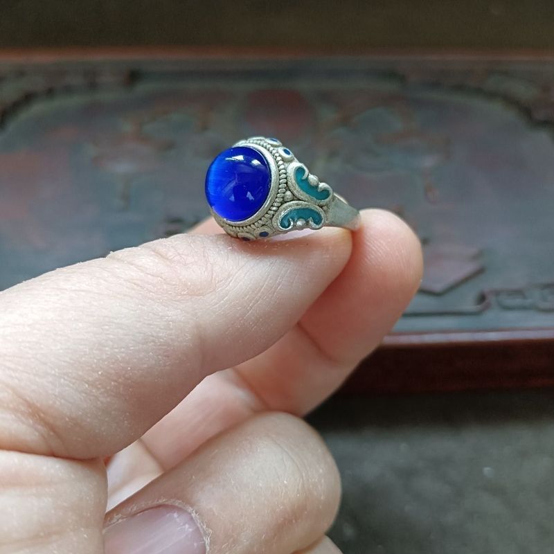 Bộ Sưu Tập Cổ Chảy Ngược Opal Cũ Bột Bạc Kẻ Sọc Xanh Opal Nhẫn Nhẫn Xanh Opal Nữ Nhẫn 4.29.6