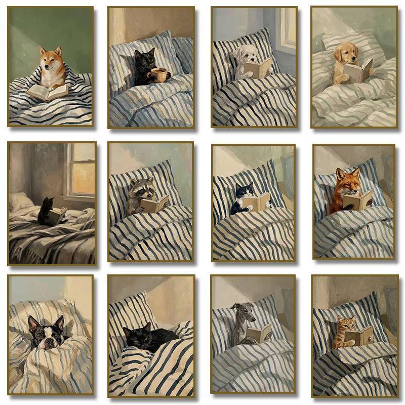 Cute Dog Fox Raccoon Reading Book in Bed Poster Black Cat Drinking Coffee Poster No Frame Canvas Pai