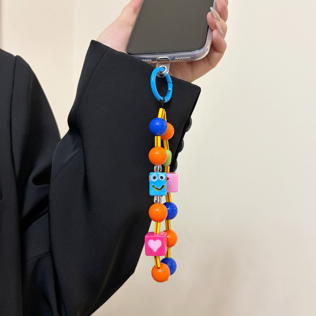 Colorful Cartoon Smiley Face Beaded Candy Phone Chain Woven Lanyard Keychain Bag Accessory