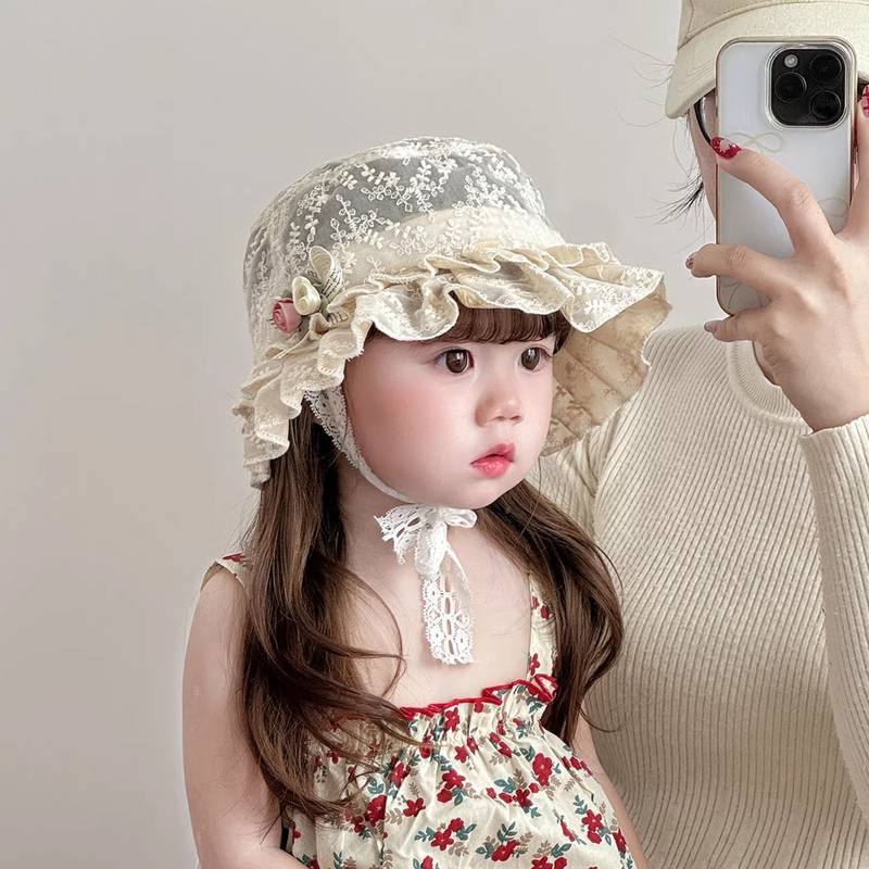 French Retro Children's Hat Summer Thin Breathable Mesh Princess Bucket Hat Baby Girl Sun-Proof Buck