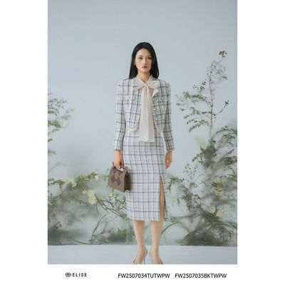 Chân váy tweed trắng KT kẻ đen thiết kế Elise FW2507035BKTWPW