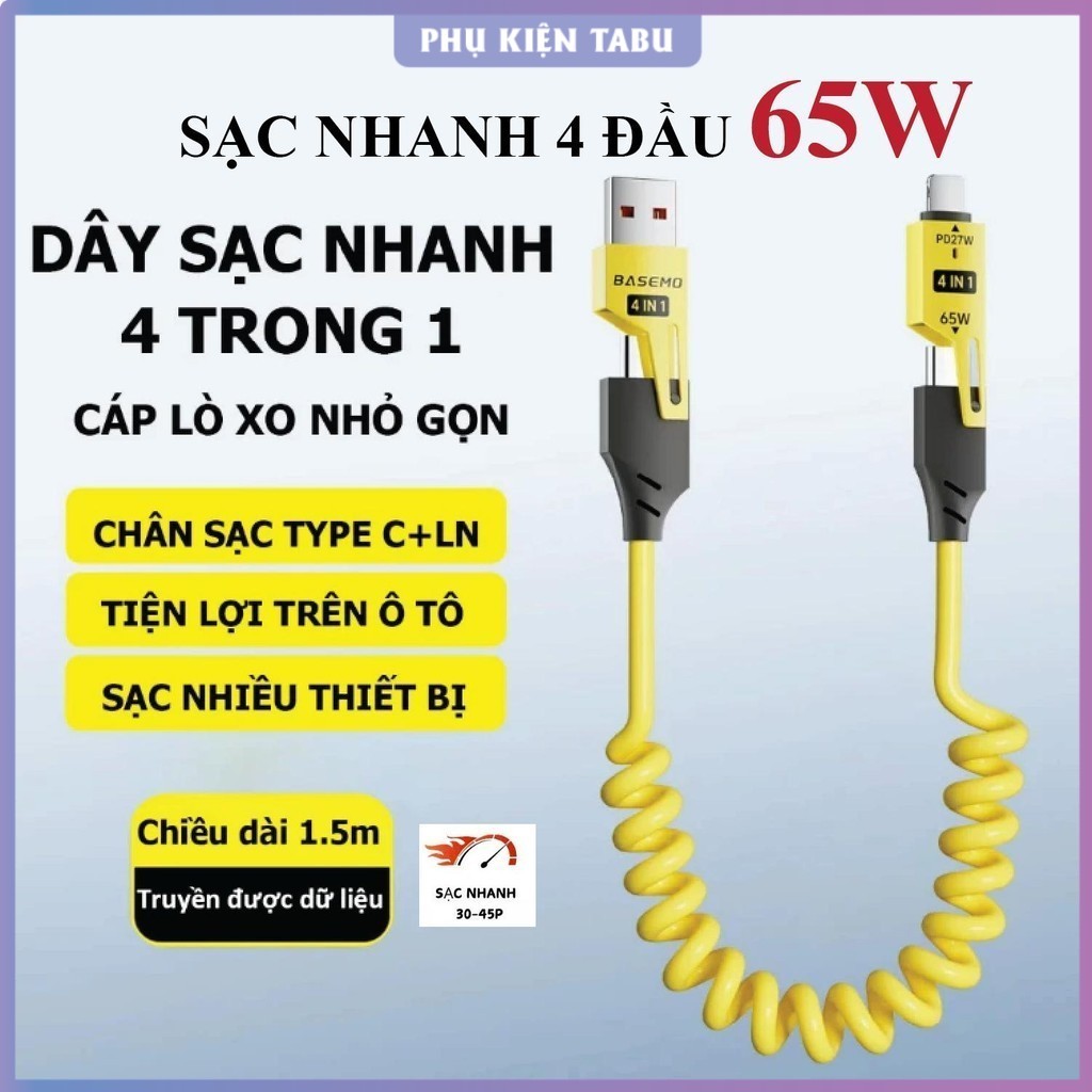 Cáp sạc 4 in 1, Dây sạc nhanh 4 đầu 65W. Cáp sạc lò xo đầu cáp kim loại. Dây sạc 4 in 1, Dây sạc điệ