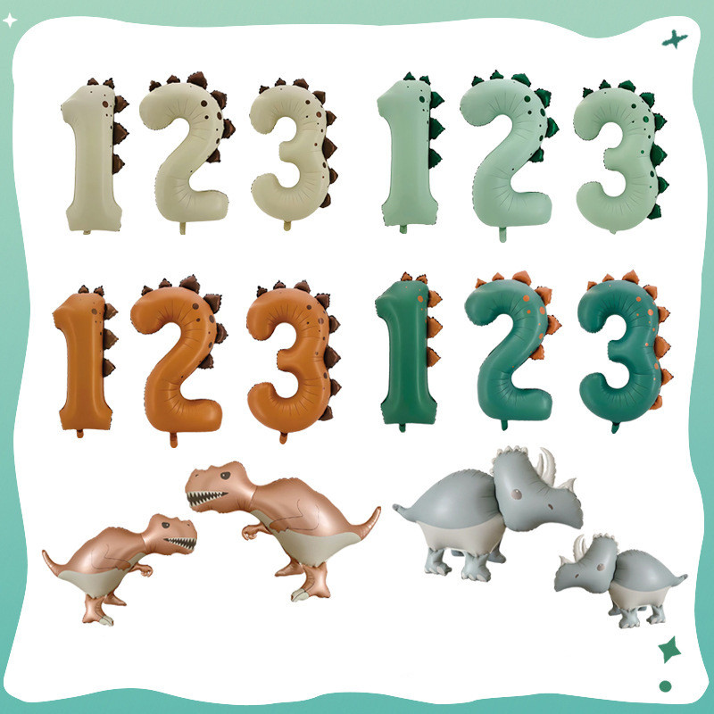 Baby Milestone Celebration Boho Dinosaur Number Foil Balloon 1 2 3 Earth Color Dino Spikes Aluminum 