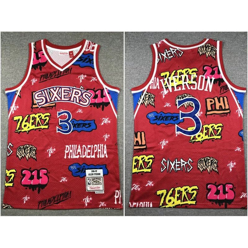 Graffiti Jersey 76ers IverSon số 3 - Áo bóng rổ thêu retro, phù hợp tập luyện