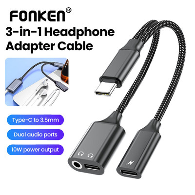 Bộ chuyển đổi tai nghe Fonken 3 trong 1 Cáp loại C sang Type-C / Giắc cắm 3,5mm Bộ chuyển đổi âm thanh PD10W Bộ chuyển đổi sạc