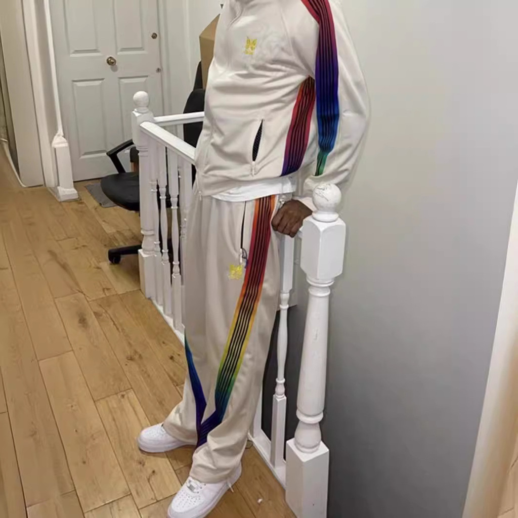 FWXM Needles Track Joint Name ASAPROCKY Rainbow Ribbon Casual Jacket and Sports Pants Set for Men