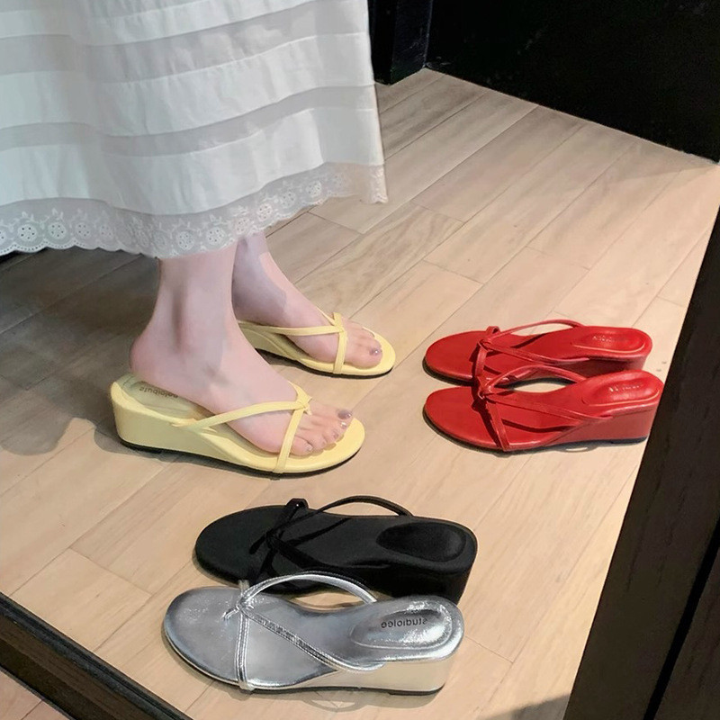 High-heeled flip-flops6cm~Fairy-style thong sandals with thin straps and wedge heels for summer