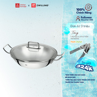 Chảo Inox Xào Sâu Lòng Wok Zwilling Plus 32cm có nắp kính dùng được trên bếp từ