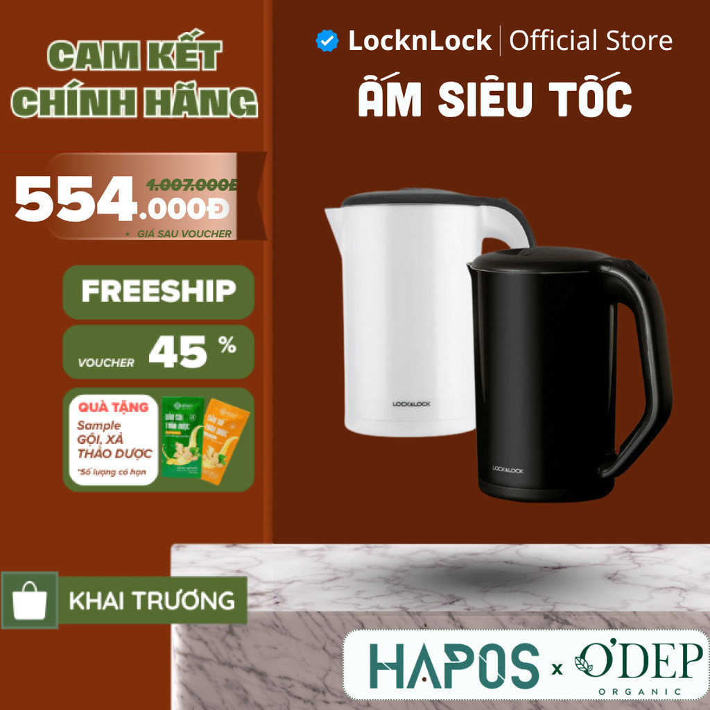 Ấm siêu tốc 1.7L 1800W LocknLock Chính Hãng đun sôi nhanh, lõi Inox chống ăn mòn EJK738BLK - BH 2 NĂ