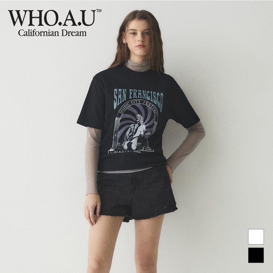 Áo thun in hình phong cách Rock Mỹ của WHO dành cho nam và nữ 100% Cotton cao cấp dáng rộng cổ tròn 