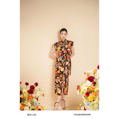 Đầm tafta hoa nền đen buộc dây eo thiết kế Elise FF2409248DIWOPB