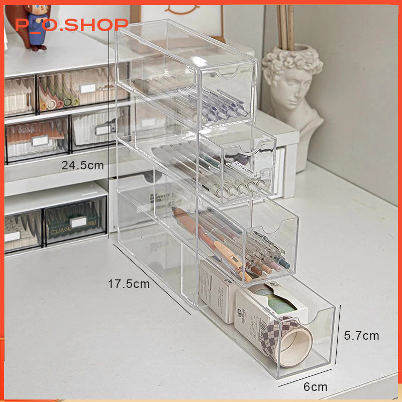 【🔥Rẻ】Kệ đựng bút trong suốt có ngăn kéo acrylic, tủ mỹ phẩm,đựng mỹ phẩm, đựng kính để bàn 4 tầng ti
