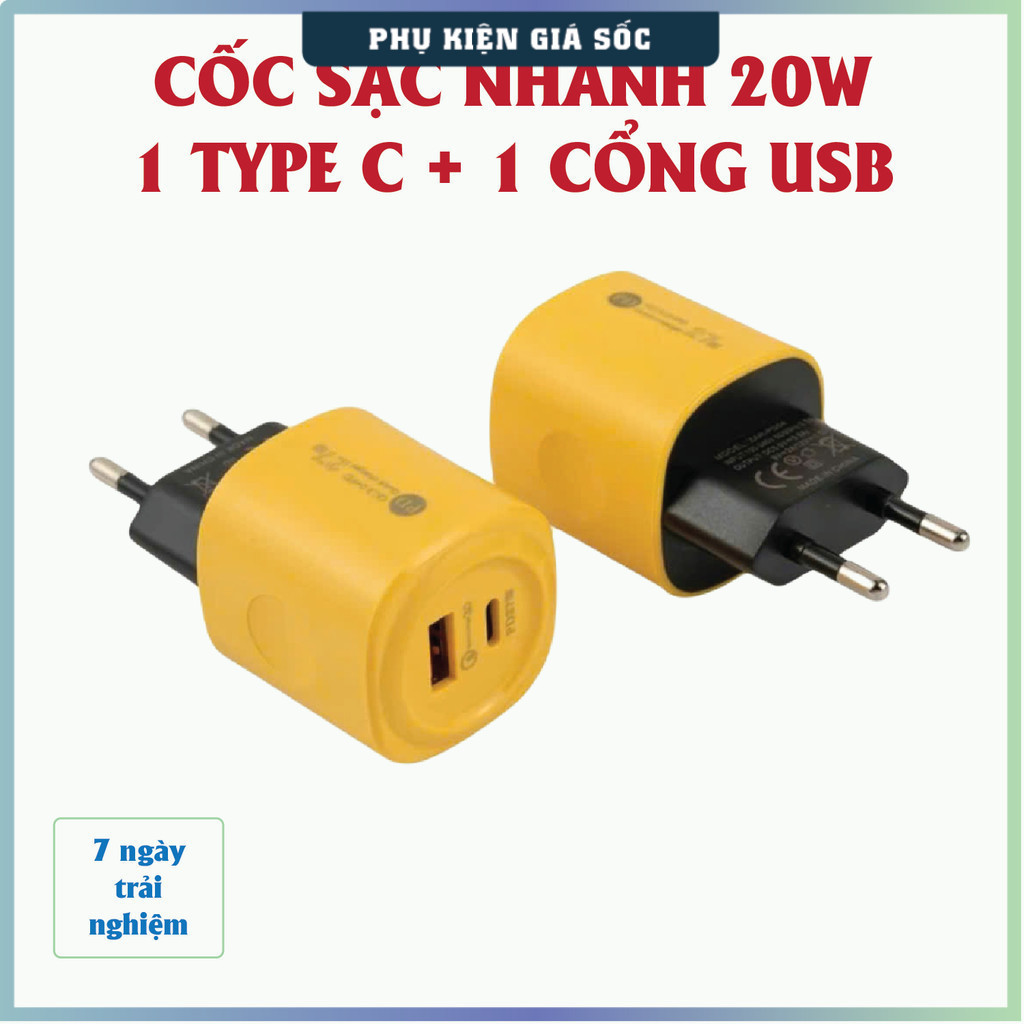 Cốc sạc nhanh 2 cổng gồm: 1 cổng Type C + 1 cổng USB – Củ sạc nhanh 2 in 1, Cáp sạc nhanh 4 in 1 - D