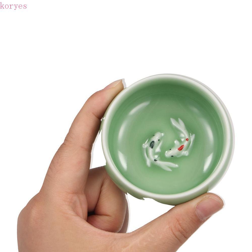 KORYES Golden Fish Celadon Porcelain Teacup, Kungfu 60ml Long Tuyền Tea Cup, Crackle Tea Cup service