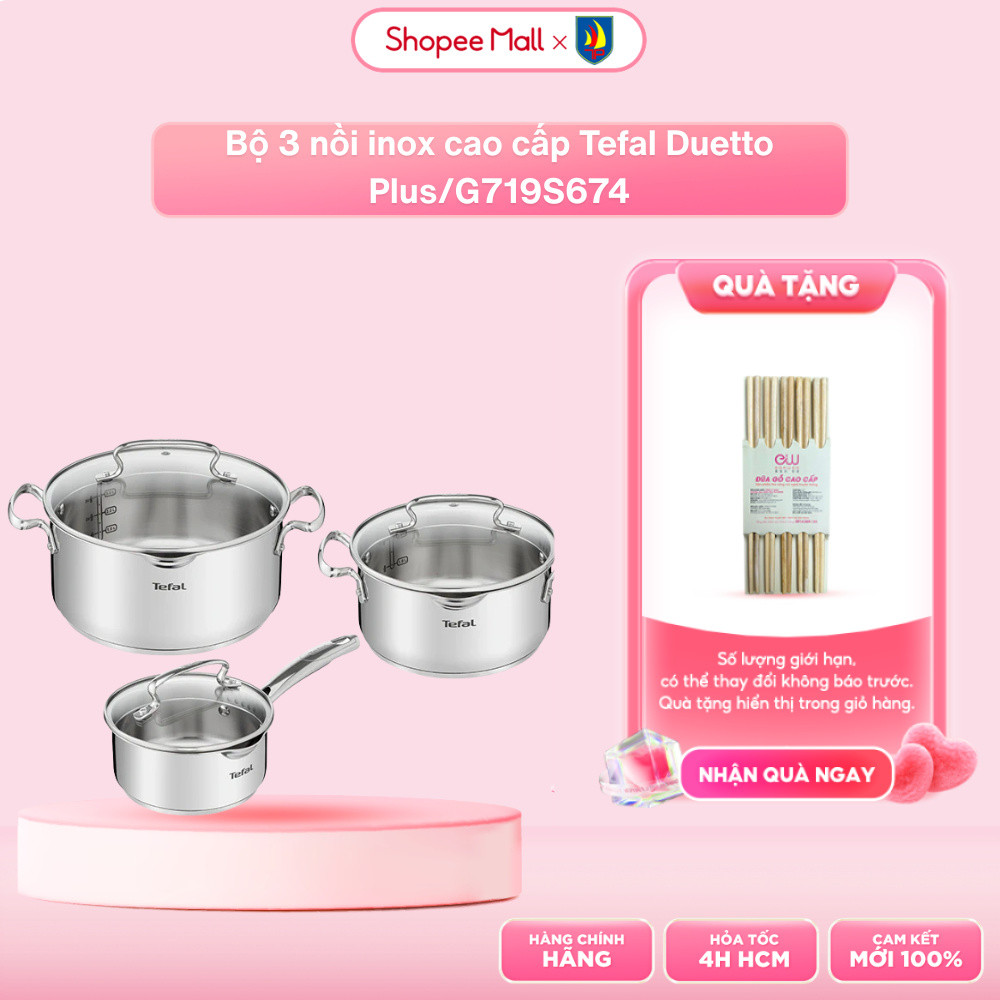 Bộ 3 nồi inox cao cấp Tefal Duetto Plus/G719S674 - Quánh 16cm, Nồi inox 20cm, Nồi inox 24cm