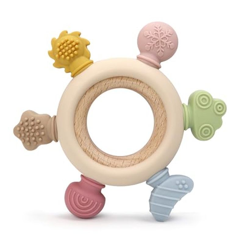 Baby Teether Ring for 0–12 Months, Detachable Wooden Silicone Teether with Easy-Grip Round Design, S
