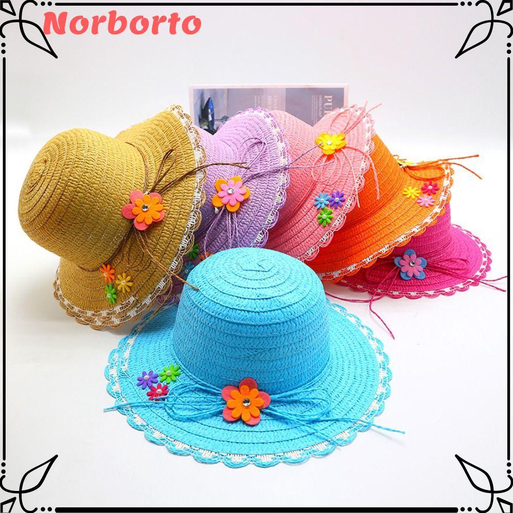 Mũ Rơm NORBORTO, Mũ Chống Nắng Vành Rộng Handmade, Trang Trí Hoa Ngọt Ngào Mũ Đi Biển 3-7Year Mùa Hè