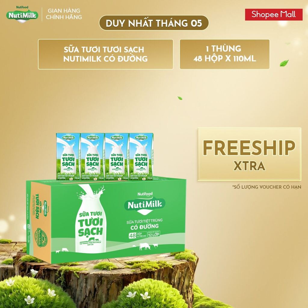 Thùng 48 Hộp Sữa Tươi Tươi Sạch NutiMilk Có Đường 110ml